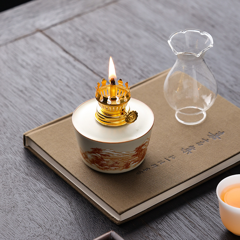 Đèn bơ gốm trắng xanh trang trí phòng trà cắm trại đèn xung quanh hoài cổ không gian trà cổ trang trí phụ kiện trà đạo