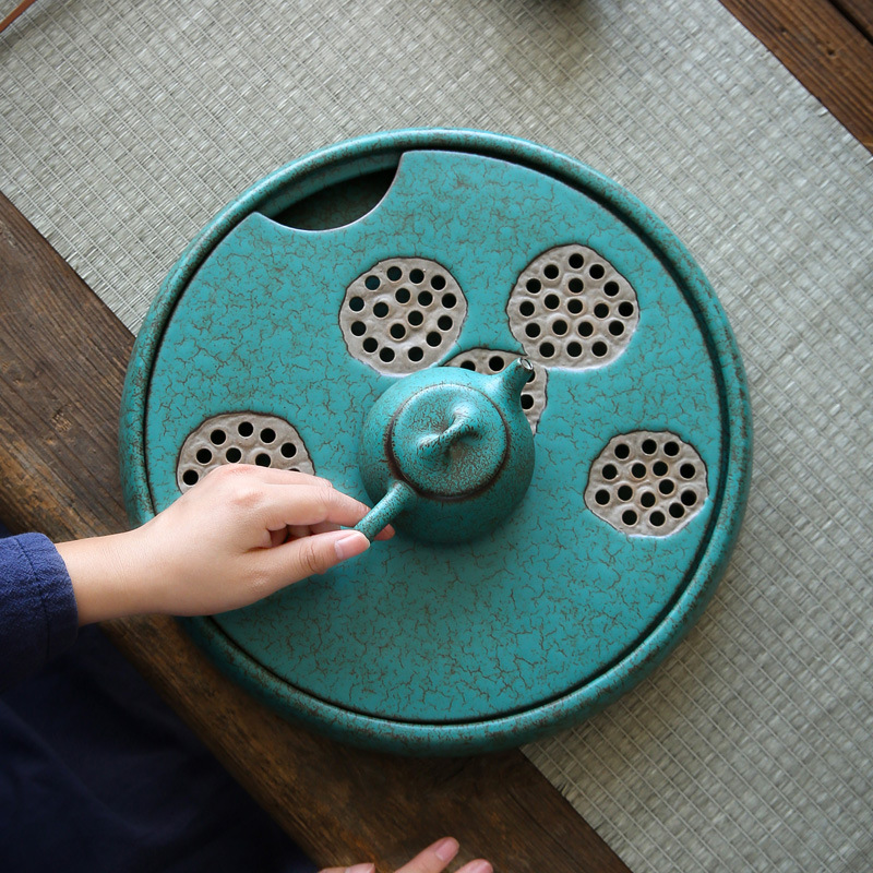 Khay trà gốm sứ Chunlan kiểu Nhật lò biến hình retro nhỏ màu xanh ngọc lam trữ nước kiểu trữ nước khay pha khô Khay trà bàn trà