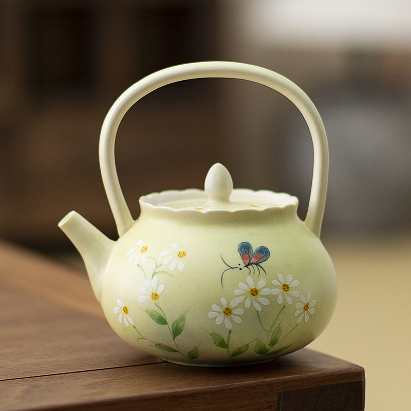 Ấm trà vẽ tay, ấm trà hoa cúc tráng men màu, ấm đơn cổ điển, dụng cụ pha trà gốm sứ cao cấp gia dụng