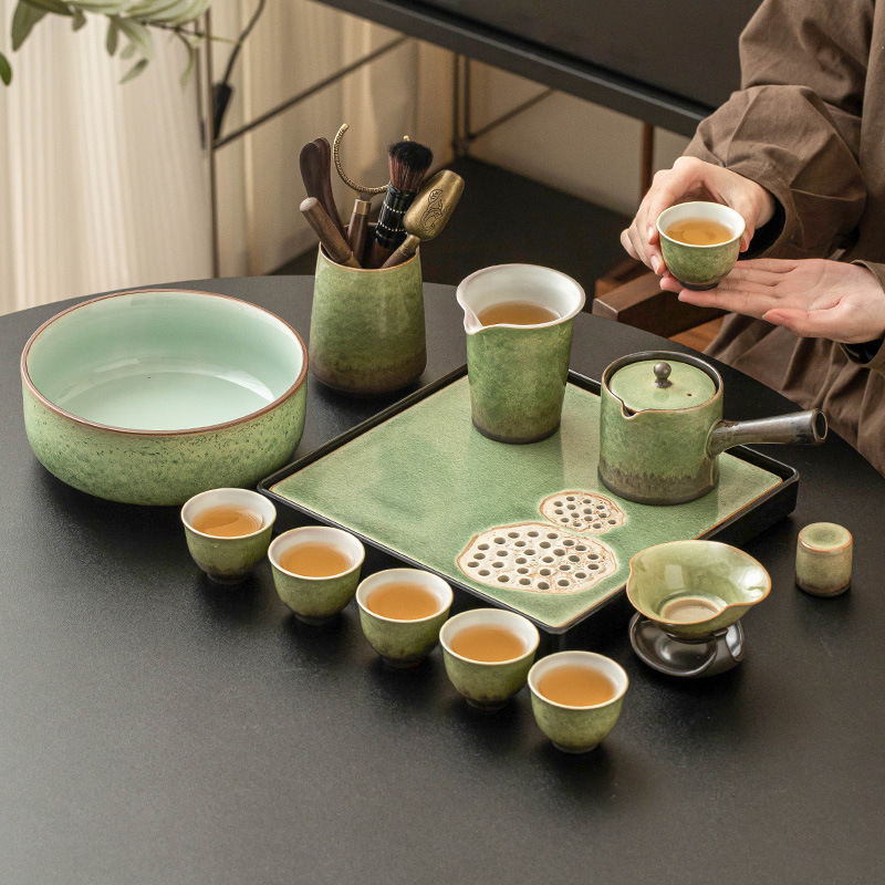 Bộ dụng cụ pha trà Kung Fu gốm sứ lò nung cao cấp phục vụ khách văn phòng dùng trong gia đình ấm pha trà tách trà khay trà hộp quà
