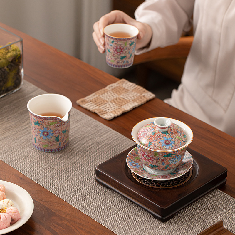 Bát có nắp tam tài hoa tráng men, bát pha trà gốm sứ kiểu Trung Quốc, cốc chủ, cốc trà, cốc công bằng, dụng cụ trà Kung Fu gia dụng