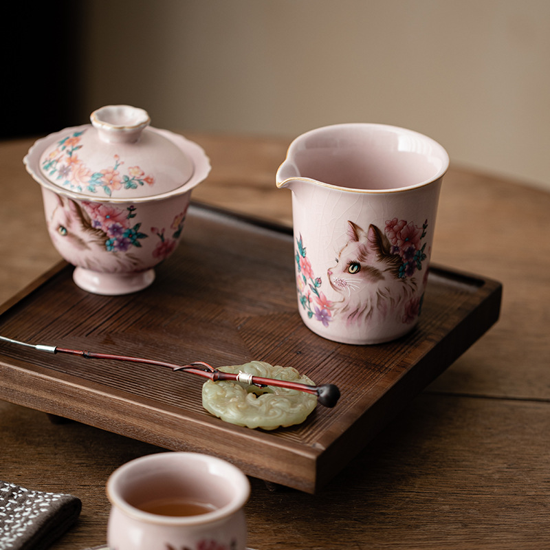 Bộ ấm chén uống trà họa tiết mèo Ru Kiln màu hồng, phụ kiện gốm sứ, chén uống trà đơn chống bỏng, chia trà gia dụng.