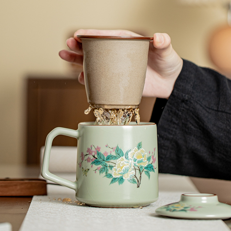 Màu xanh lá cây Ruyao Furong cốc văn phòng hộp quà cốc gốm sứ gia dụng cốc tách trà chuyên dụng cá nhân cốc pha trà