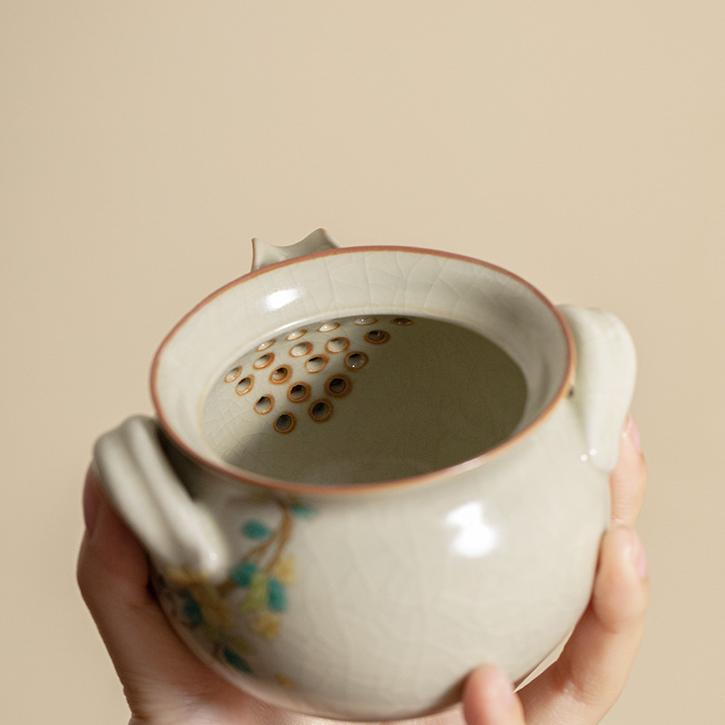 Nồi cầm tay mèo dễ thương lò Ru màu vàng gạo giả thời Tống, bình kho báu, bát trà chống bỏng, bát có nắp nhỏ, ấm trà gốm sứ cổ điển sang trọng nhẹ