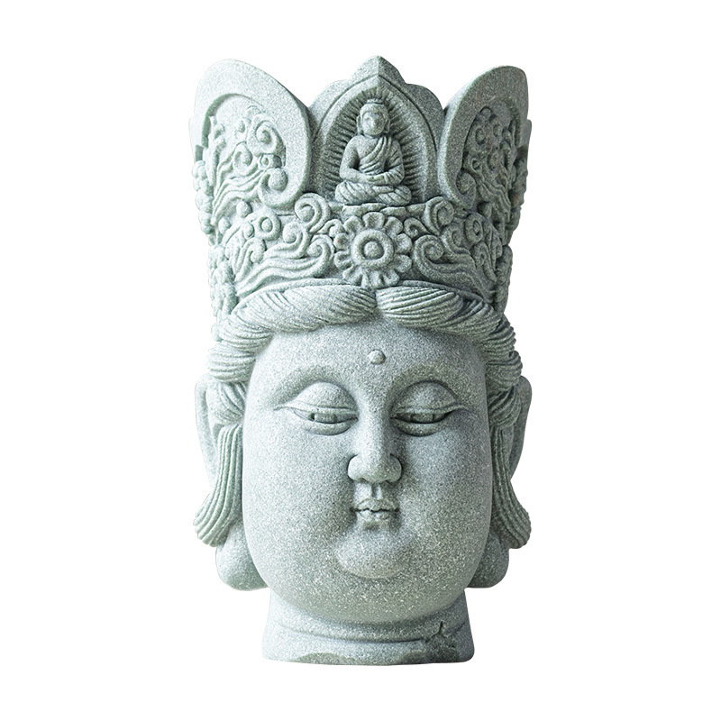 Đồ trang trí đầu Phật sáng tạo bằng đá sa thạch xanh Lingji Bồ tát mới phong cảnh bể cá kiểu Trung Quốc trang trí nhân vật lối vào nhà