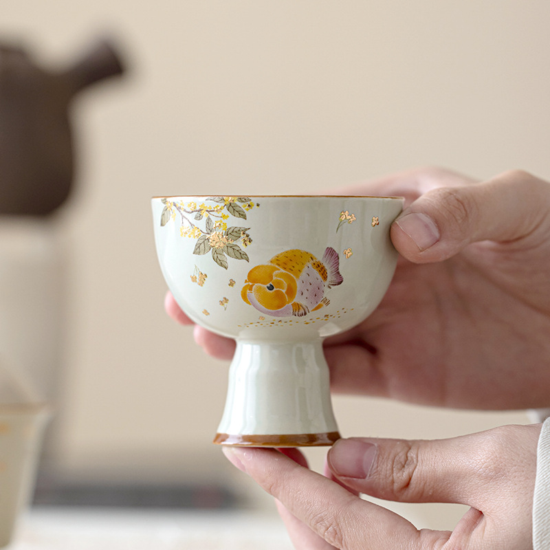 Cốc cao cá osmanthus vàng xám thực vật phong cách quốc gia, bộ trà Kung Fu gốm sứ gia dụng, sản phẩm đặc biệt cá nhân, cốc chủ nhân