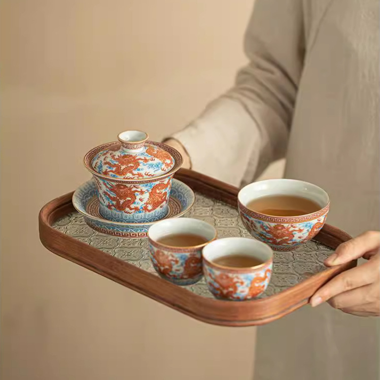 Dụng cụ pha trà bát có nắp ba tài hoa văn rồng Công Hồng dụng cụ pha trà dụng cụ pha trà công phu gốm sứ gia dụng