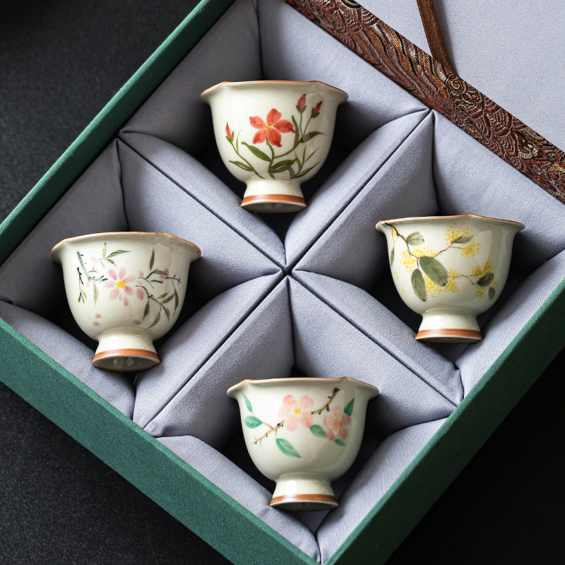 Cốc trà hoa vẽ tay, cốc miệng hoa chân cao màu xám thực vật, cốc chủ cao cấp, bộ cốc trà gia dụng, tặng quà