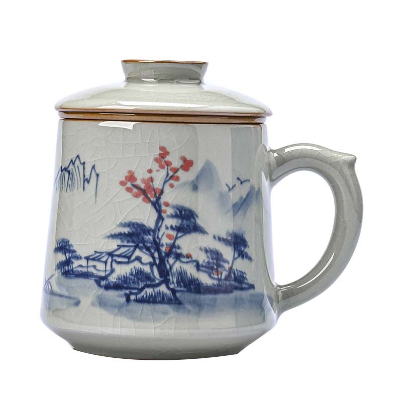 Cốc văn phòng vẽ tay đất sét già có nắp lọc lót tách trà cốc nước dung tích lớn