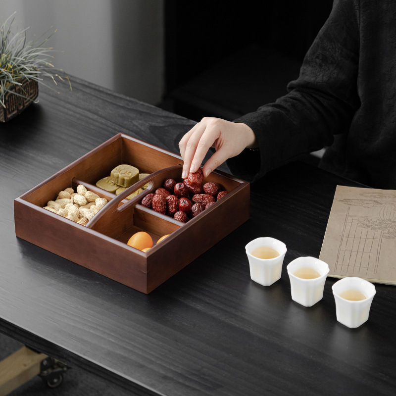 Hộp đựng trái cây sấy khô bằng Gỗ Óc Chó cầm tay 4 ngăn nấu trà Hộp đựng đồ ăn vặt sáng tạo Khay đựng trái cây dưa phòng khách gia dụng khay kiểu Trung Quốc