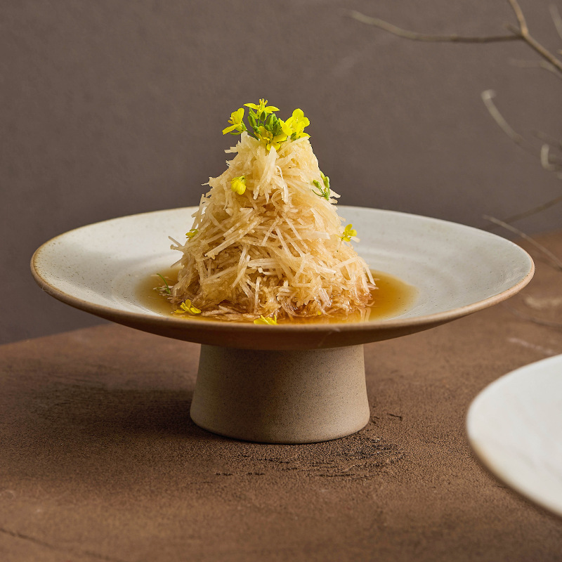 Đĩa hoa quả gốm thô, đĩa chân cao, bộ đồ ăn khách sạn cao cấp, đĩa chân cao, đĩa đựng đồ kiểu Trung Quốc cổ điển, đĩa đựng đồ ăn nhỏ có ren