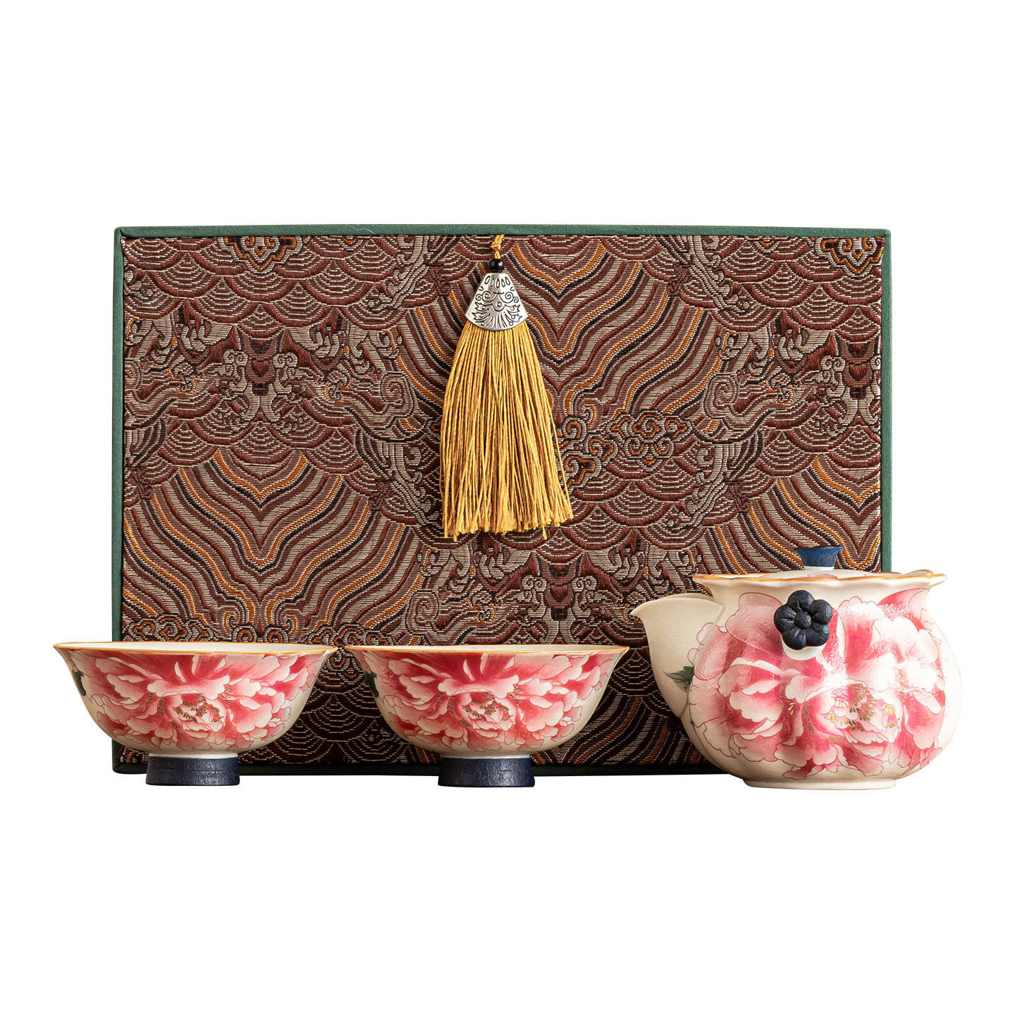 Đá mỏ hoa trắng miệng cầm tay bộ cốc chủ nhân một bình hai cốc hoa mẫu đơn vàng bộ trà nữ gốm sứ chống bỏng tay