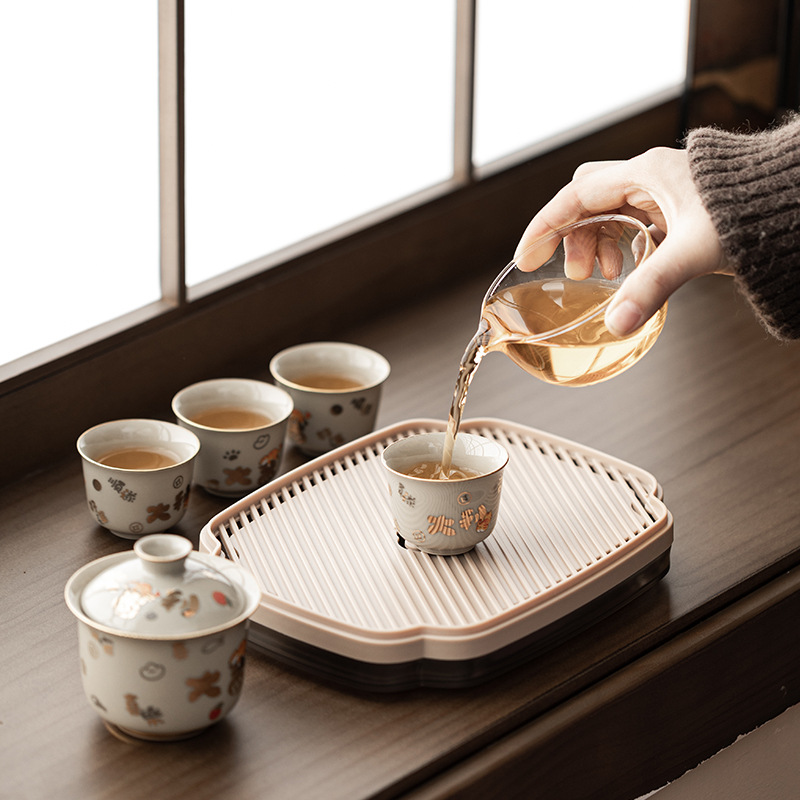 Bộ trà du lịch màu xám cỏ, bộ trà du lịch ngoài trời cắm trại du lịch xách tay một bát bốn chén có khay trà