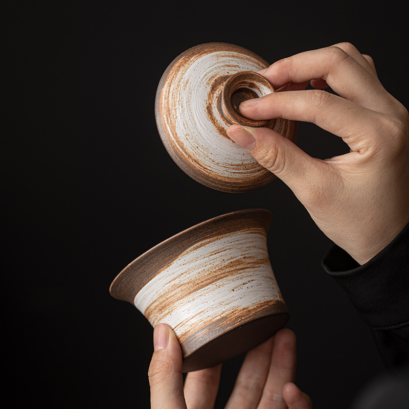 Bát có nắp móng ngựa trắng Wabi-Jiying Bát đựng trà cổ điển thủ công Bát có nắp tam tài gia dụng dụng cụ pha trà công phu gốm thô