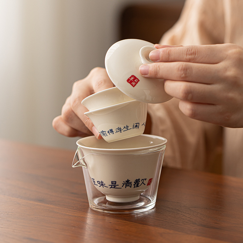 Bộ trà du lịch màu xám thực vật Bộ trà gốm sứ tiện lợi Một ấm hai cốc