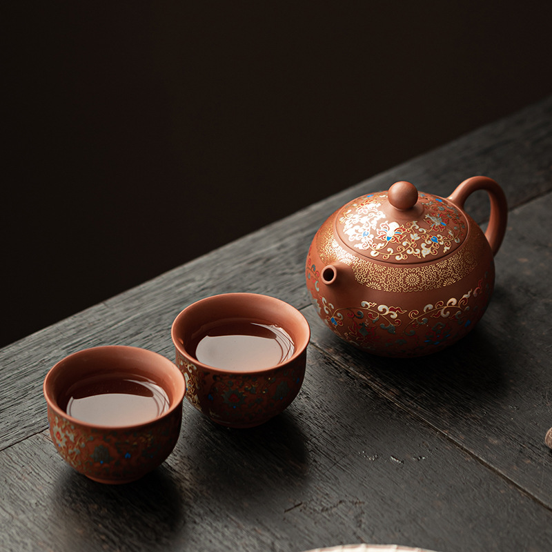 Bộ một bình cát tím hoa sen bọc bộ hai cốc bộ ấm tay cầm kiểu Trung Quốc bộ trà đơn giản pha trà tặng người lớn tuổi