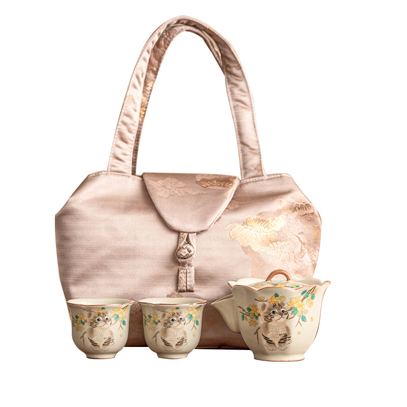 Bộ trà du lịch mèo dễ thương hoa vàng sứ Ru bộ trà gốm sứ di động tách trà pha trà ngoài trời một bình hai cốc bộ nhỏ