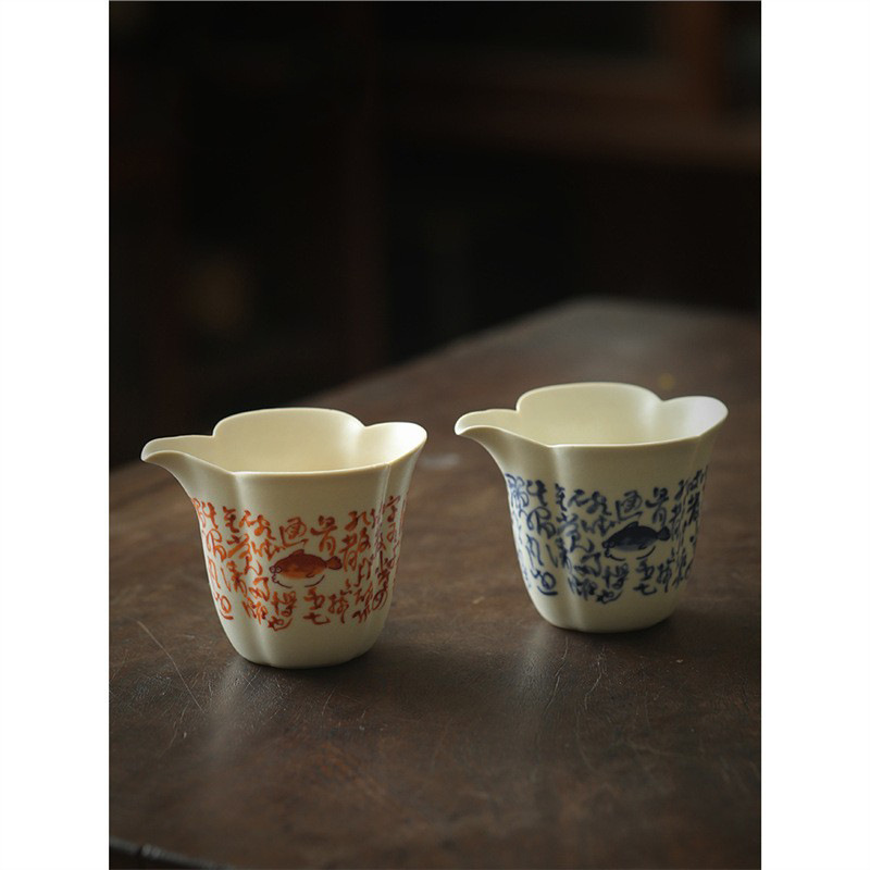 Cốc công bằng cổ điển tráng men soda, đồ uống trà phân chia thơ trắng xanh, cốc đồng nhất gia dụng, phụ kiện cốc đồng nhất miệng hoa gốm thủ công