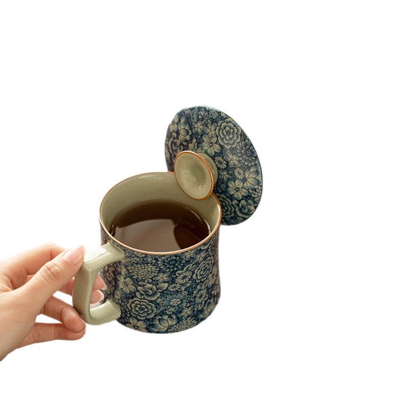 Cốc nước miễn phí màu xanh và trắng Wanhua giả Song Ru Kiln Cốc trà gốm sứ có nắp Cốc văn phòng Bộ trà cao cấp gia dụng Cốc pha trà