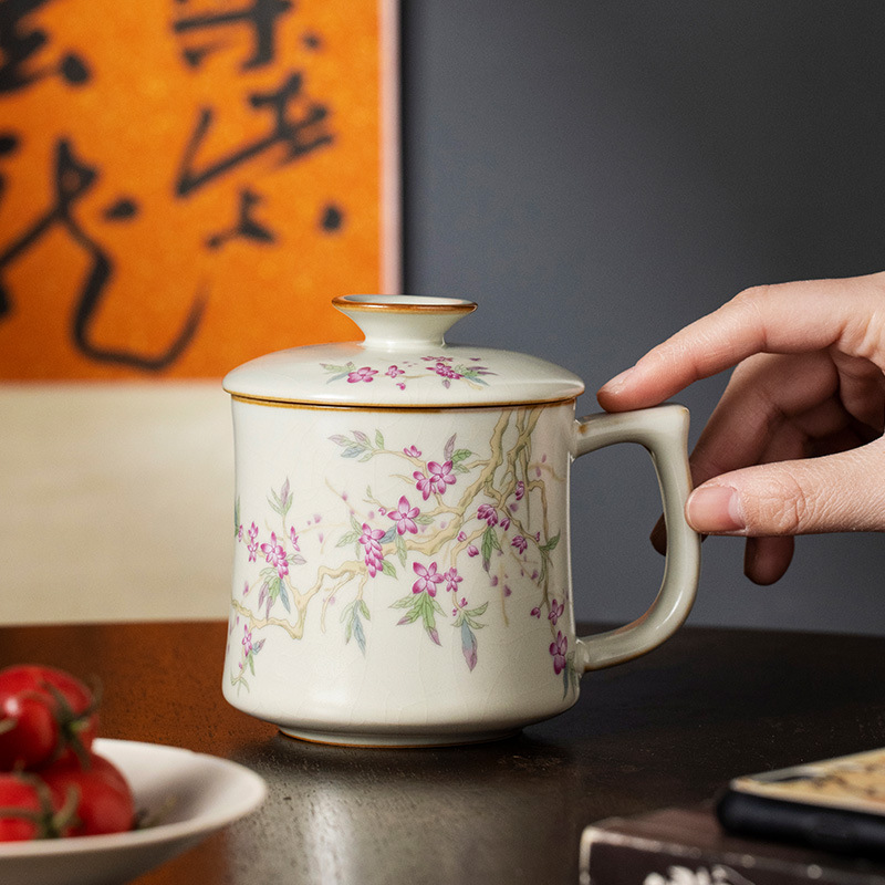 Cốc pha trà bột cành đào Ruyao cốc sứ cốc văn phòng chuyên dụng cá nhân cốc nước có nắp