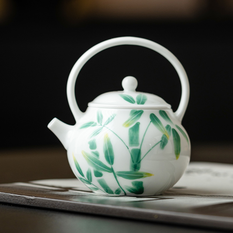 Ấm trà màu xám cỏ cây Ấm trà cầm xà tròn cao cấp vẽ tay kiểu Trung Quốc Bộ trà Kung Fu gia dụng nhỏ pha trà đãi khách