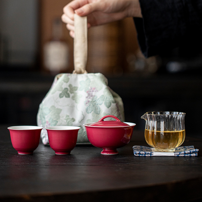 Bát có nắp màu đỏ carmine, bát pha trà lốp mỏng bằng gốm thủ công, tách trà, bộ trà Kung Fu không nóng, quà tặng cổ điển chân cao