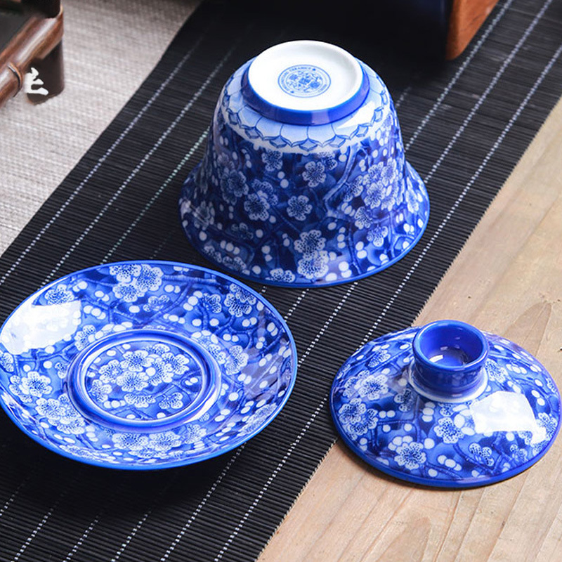 Bát có nắp tam tài Bộ trà thủ công cốc trà Kung Fu sứ trắng xanh một chiếc cốc trà sứ mỏng đầy màu sắc