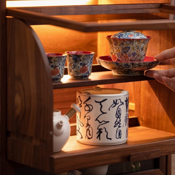 Tủ đựng đồ để bàn đa năng gỗ óc chó, tủ đựng đồ chống bụi gia dụng, đồ trang trí phòng trà, giá để đồ bộ trà