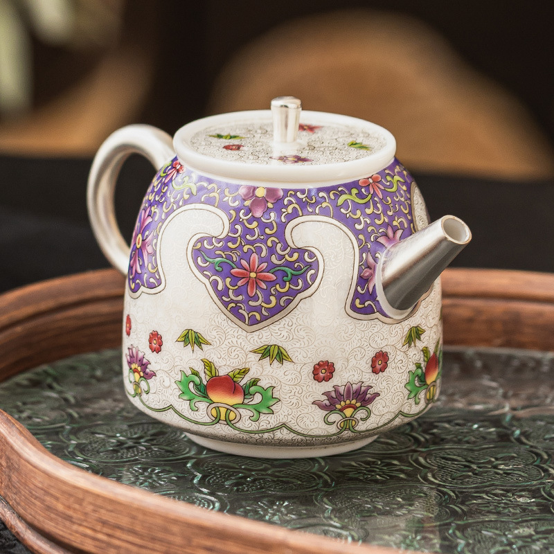 Ấm trà tinh xảo mạ bạc 999 ấm bánh xe khổng lồ tráng men cloisonné ấm đơn ấm pha trà cỡ nhỏ gia dụng ấm cầm tay gốm sứ