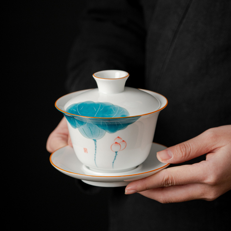 Ngọc cừu vẽ tay treo nắp bát tách trà bát pha trà sứ trắng lơ lửng tam tài bát trà bộ trà gốm sứ đơn