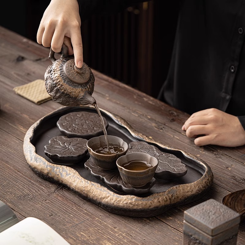 Khay trà kiểu Nhật, khay đựng nước bằng gốm, khay đựng bọt khô cỡ nhỏ, khay đựng trà Kung Fu, khay đựng ấm, khay đựng trà thiền gốm thô