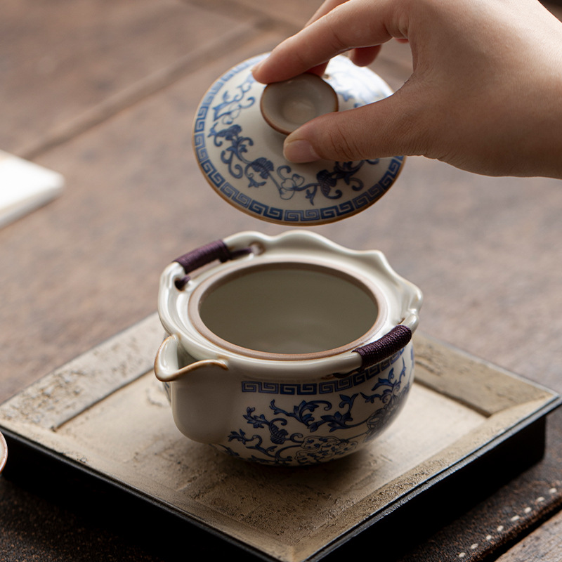 Cốc trà cốc trà chén trà trắng xanh cổ điển cao cấp có nắp Bộ trà Kung Fu gốm sứ
