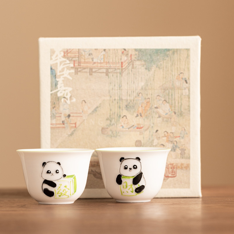 Panda Fa Cai vẽ tay đống chạm khắc cốc trà cốc đơn Đức Hoa sứ trắng Kung Fu cốc chủ nhân cốc trà phong cách Trung Quốc
