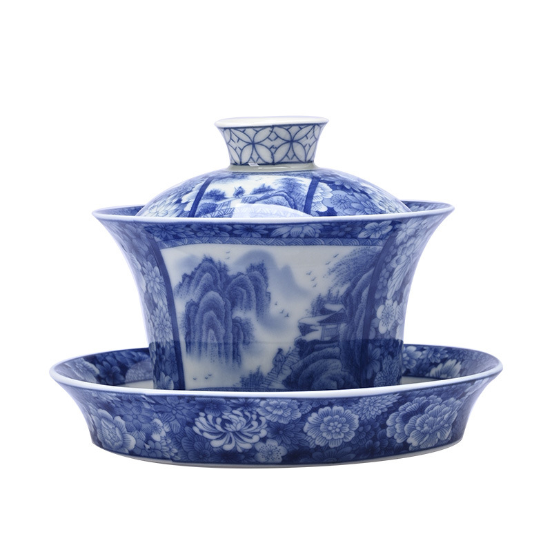 Jingdezhen sứ trắng xanh bát nắp tam tài cốc trà Bộ trà Bát pha trà bát Gốm sứ văn phòng gia dụng đơn