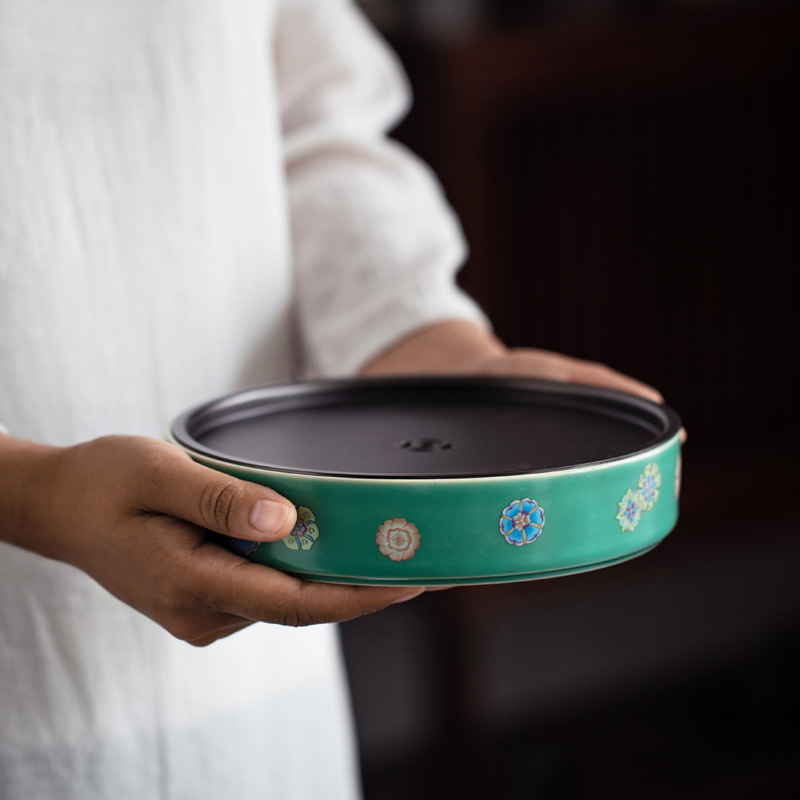 Khay trà gốm xanh ngọc lam, khay đựng nước hai lớp, khay đựng nước, khay đựng trà hình tròn, khay đựng trà, Khay đựng ấm cỡ lớn