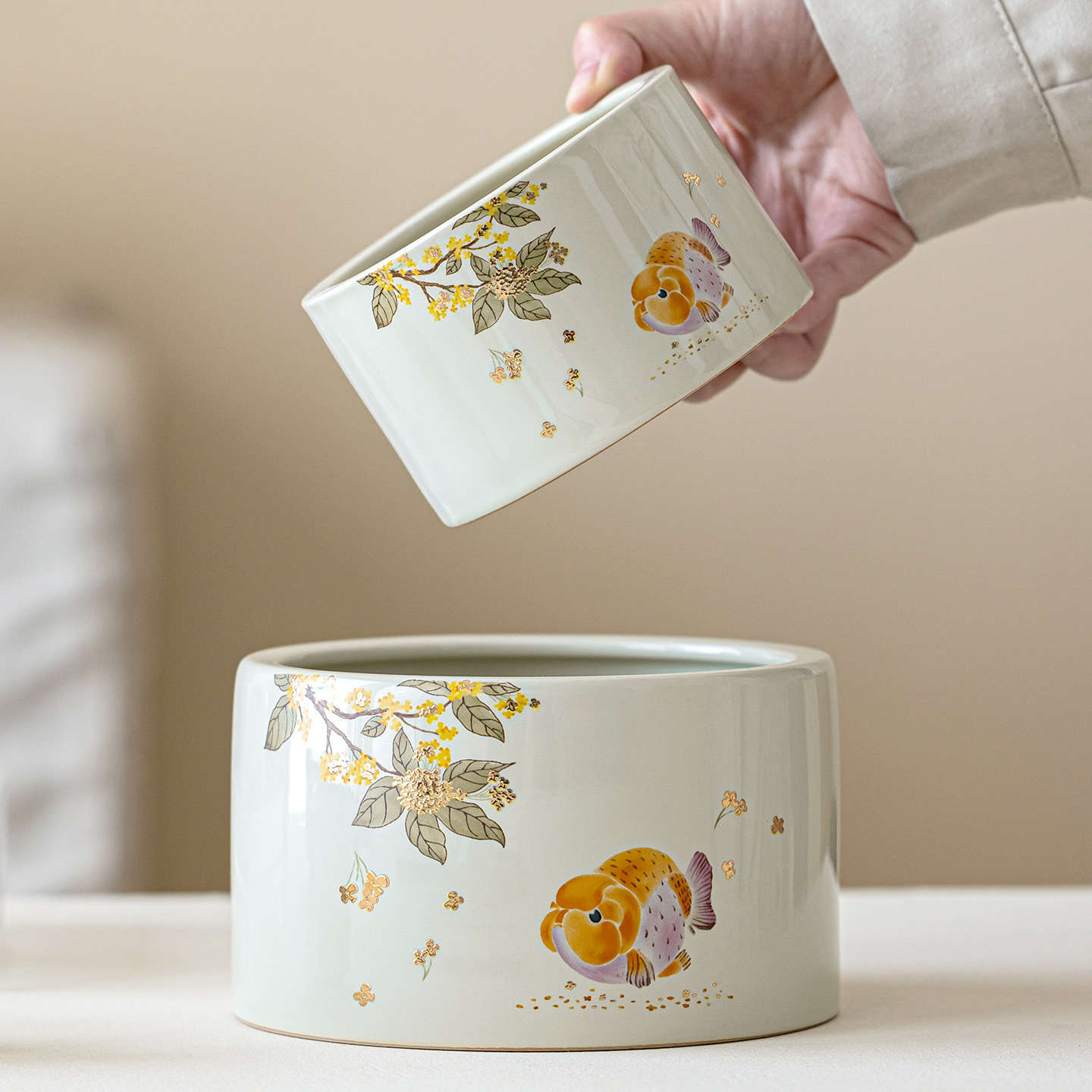 Quốc phong tro thực vật cá osmanthus vàng rửa trà nhà văn phòng gốm sứ cặn trà bể nước phụ kiện bộ trà rửa chén kiểu Trung Quốc