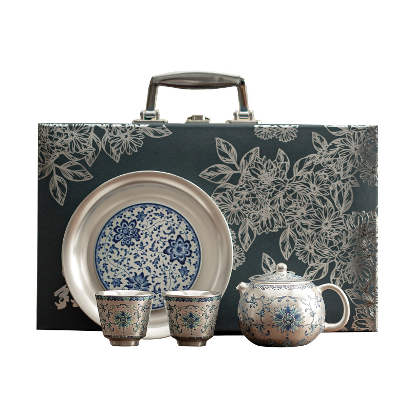 Bộ bộ hoa sen mạ bạc một bình hai cốc ấm trà gốm sứ cổ điển Bộ trà bộ nhỏ bộ trà Kung Fu tự dùng làm quà tặng