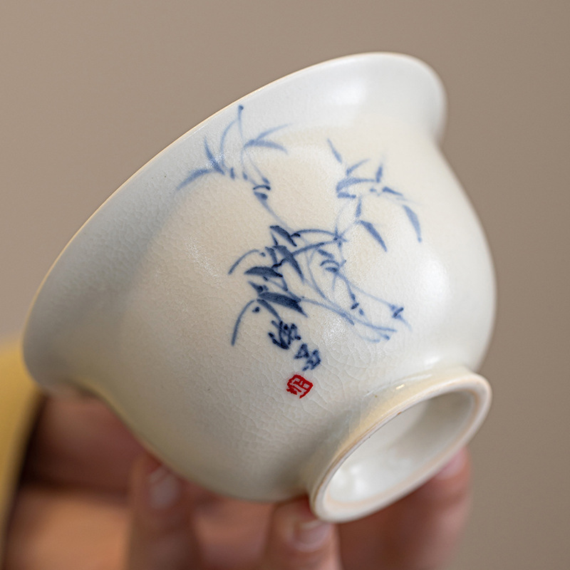 Soda tráng men hai nắp bát pha trà tre vẽ tay dụng cụ pha trà Kung Fu gia dụng bát trà sứ trắng không nóng tay