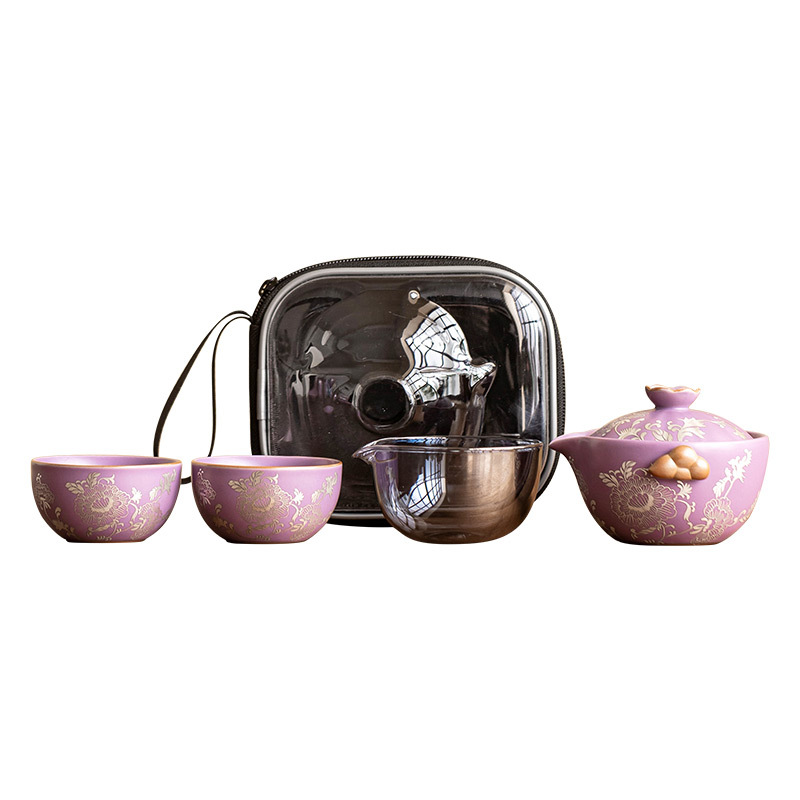 Bộ trà du lịch hoa mẫu đơn bạc bộ nhỏ Kung Fu cầm tay nhanh cốc cao cấp ấm trà một ấm hai cốc