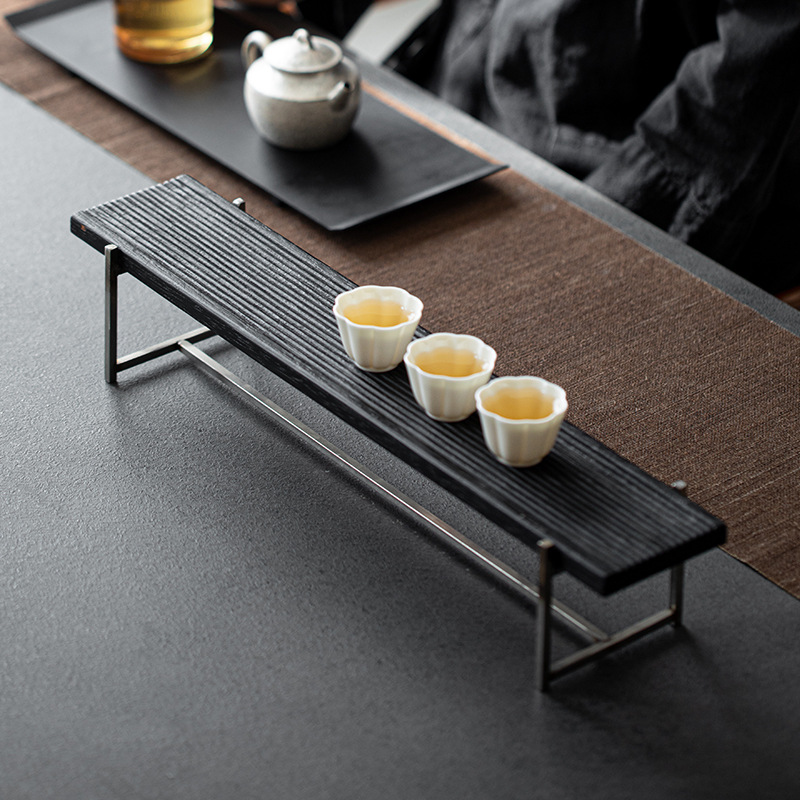 Bộ trà đơn giản bằng thép không gỉ kiểu Nhật, giá để tách trà, giá trưng bày, để bàn cà phê nhỏ, giá khay gỗ nguyên khối