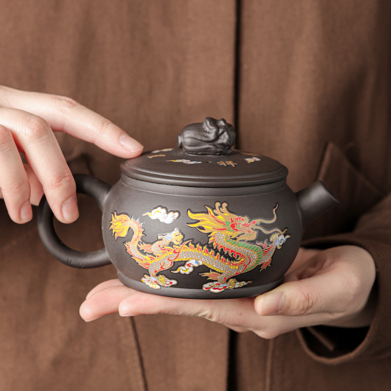 Bộ trà kung fu phượng hoàng và rồng màu tím đổi màu, bộ trà kung fu Xishi, ấm trà nóng khi tiếp xúc với nước, hộp quà dung tích lớn.
