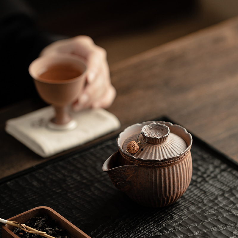Ấm trà nắm tay kẻ sọc bùn đá cổ dụng dụng cụ pha trà kungfu gốm thô dung tích nhỏ cổ điển kiểu Trung Quốc ấm trà đơn dụng cụ pha trà gia dụng