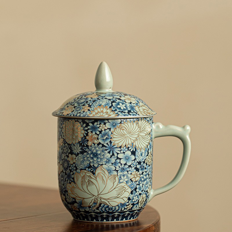 Cốc nước cốc văn phòng cốc gốm sứ có nắp cốc sứ Ru dung tích lớn