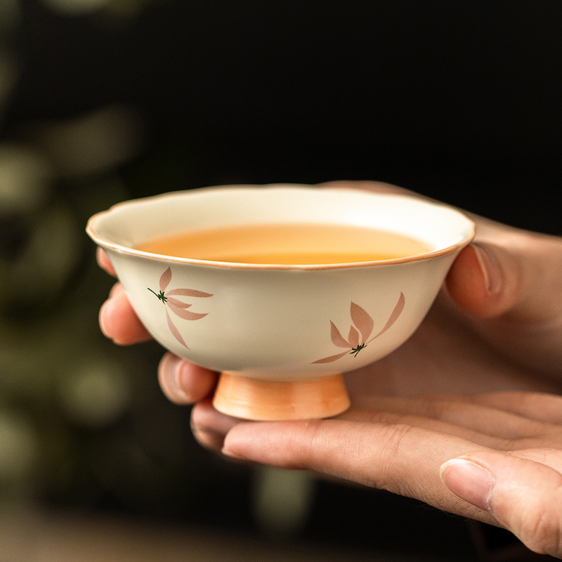 Cốc trà miệng hoa lan tráng men màu vàng gạo cốc trà bộ trà gốm sứ giá trị cao cho nữ cốc chủ nhân cốc trà Kung Fu gia dụng