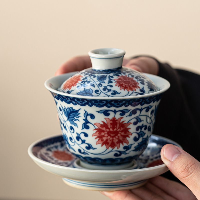 Bộ tách trà bát có nắp đỏ tráng men xanh trắng tráng men giả cổ bộ tách trà bát bộ trà tam tài gốm sứ cao cấp