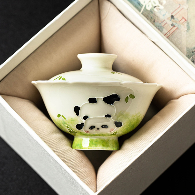 Vẽ tay đống chạm khắc gấu trúc nắp bát trà gốm sứ bộ trà gia dụng có nắp cốc pha trà cỡ nhỏ bát pha trà Kung Fu đơn