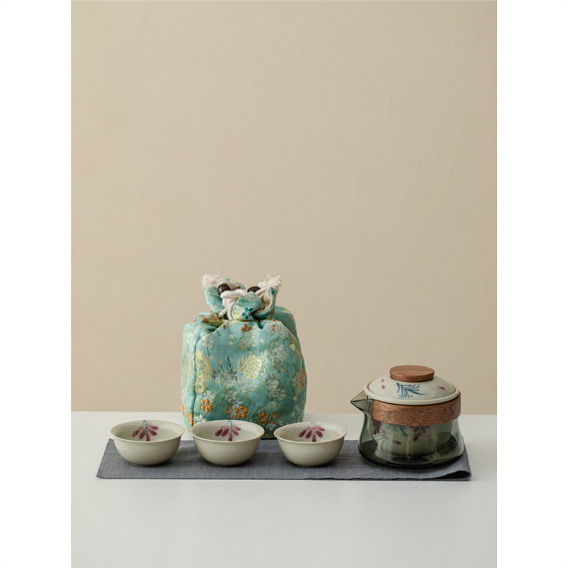 Vẽ tay hoa tử đằng, thực vật, màu xám, cốc khách nhanh, bộ trà du lịch gốm sứ, bộ trà di động ngoài trời, một bình ba cốc