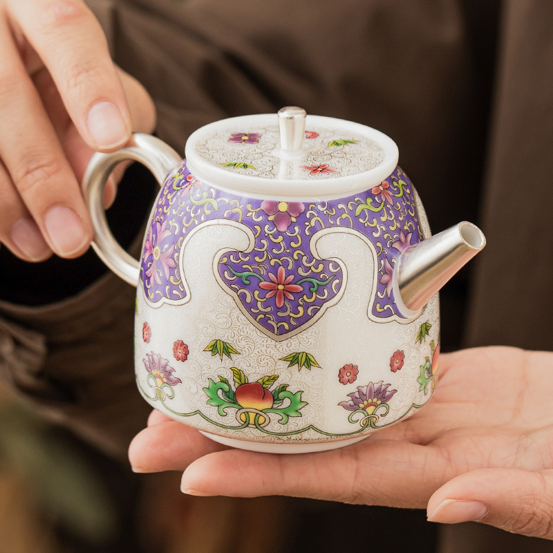 Ấm trà tinh xảo mạ bạc 999 ấm bánh xe khổng lồ tráng men cloisonné ấm đơn ấm pha trà cỡ nhỏ gia dụng ấm cầm tay gốm sứ