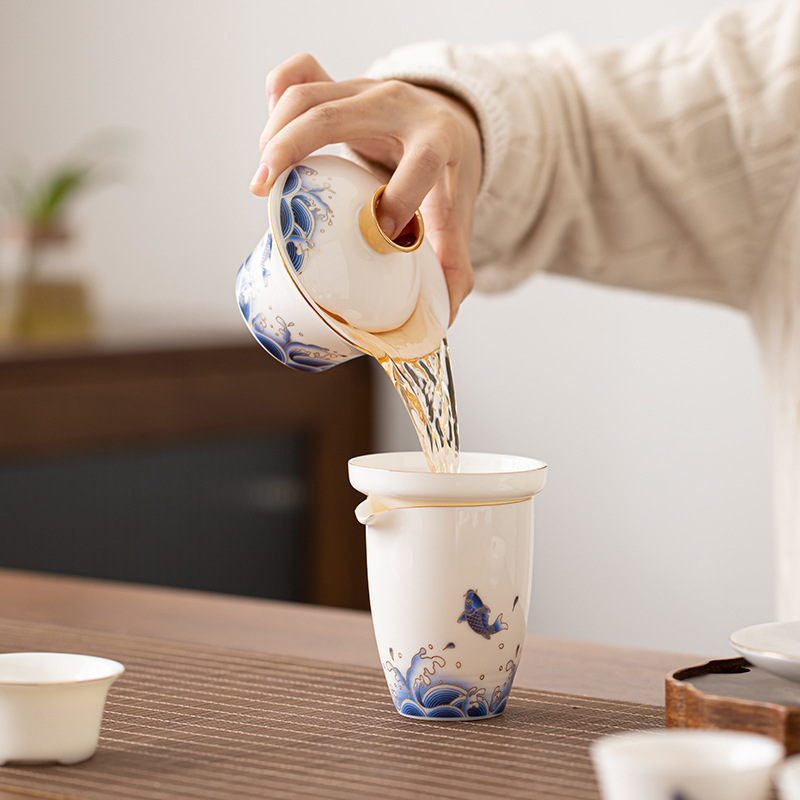 Bộ trà ngọc bích mỡ cừu Bộ quà tặng sứ trắng Đức Hoa có nắp ấm trà tách trà bộ dụng cụ trà Kung Fu trọn bộ gia dụng