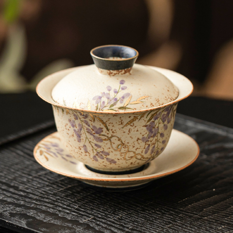 Màu xanh và trắng đá lửa bát nắp đỏ cốc trà sơn vàng vẽ tay hoa tử đằng có nắp bát pha trà cao cấp ba không nóng đơn